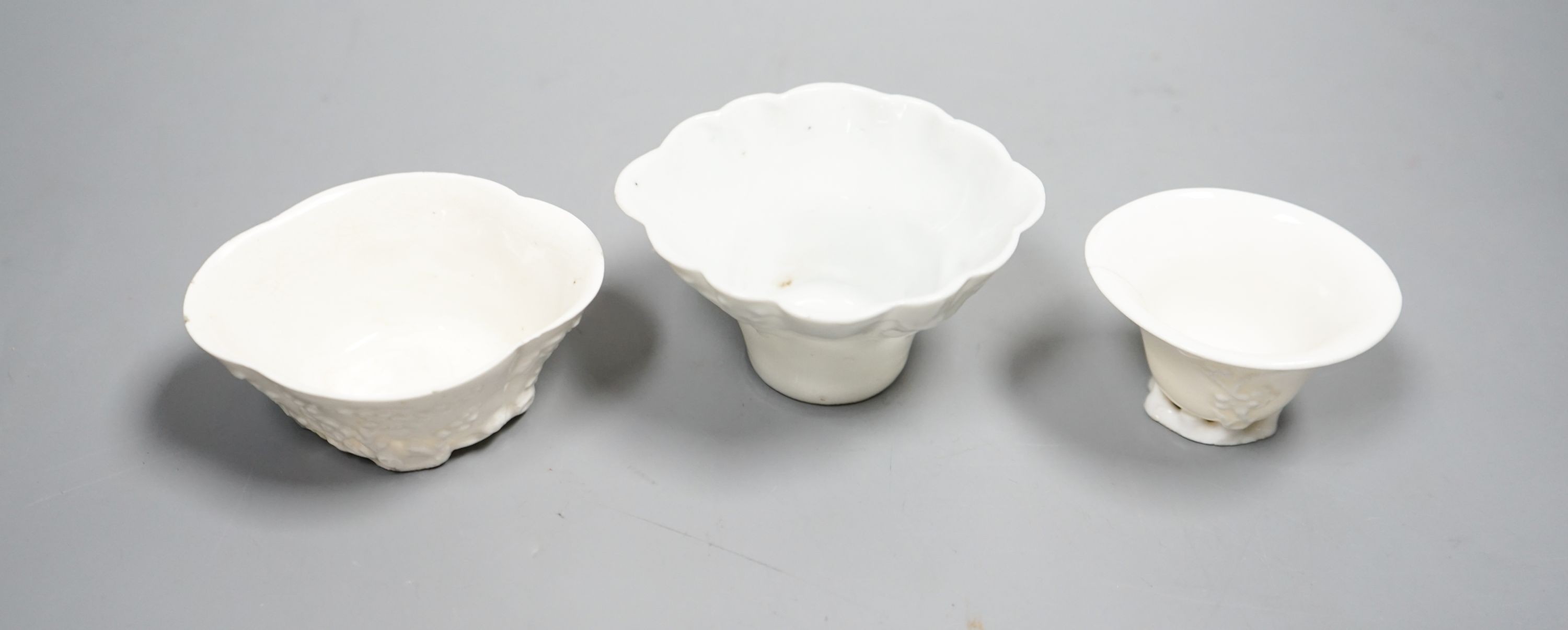 Three Chinese blanc-de-chine libation cups, Kangxi and later, 5.5cm